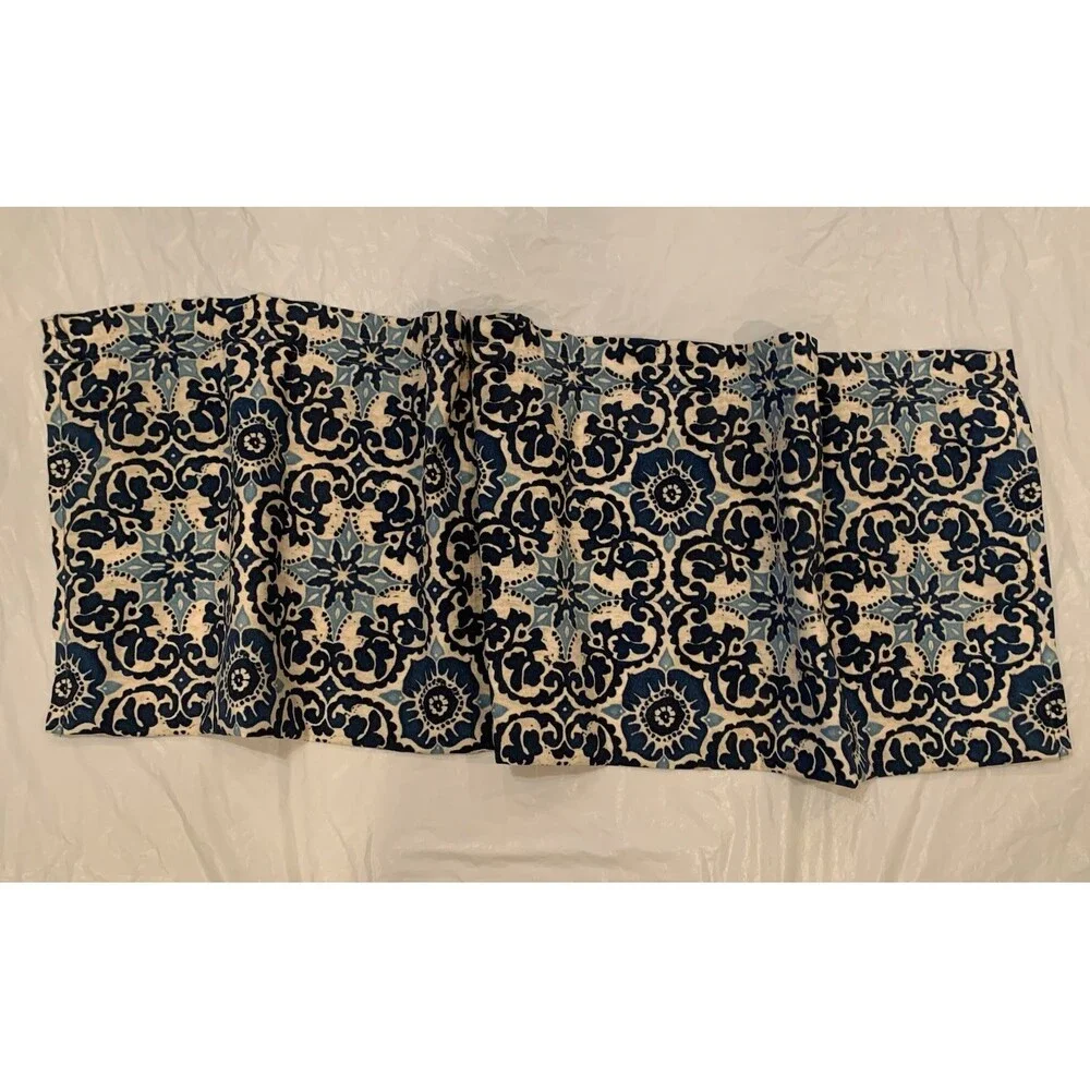 Blue And White Damask Patterned Window Valance Handmade 55”x16.5”